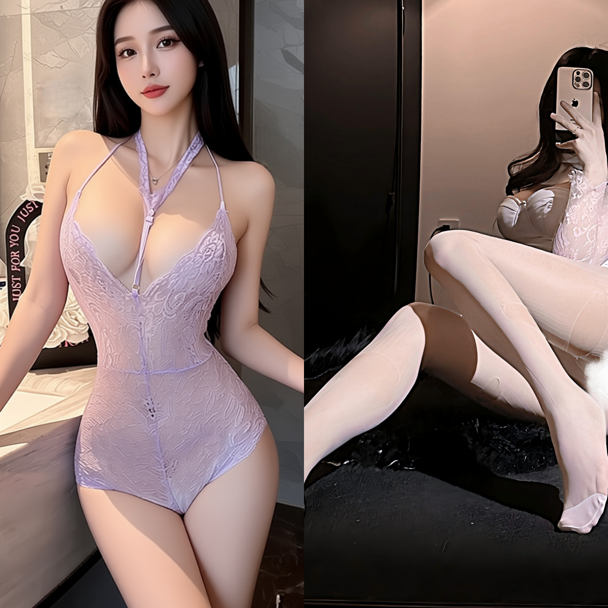 연한 보라색 + 흰색 손으로 찢은 양말