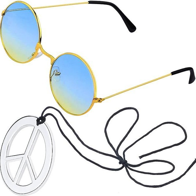 Accesorios de vestir hippies de la década de 1960, diadema de girasol, gafas redondas, conjunto de aretes de collar de talismán de paz