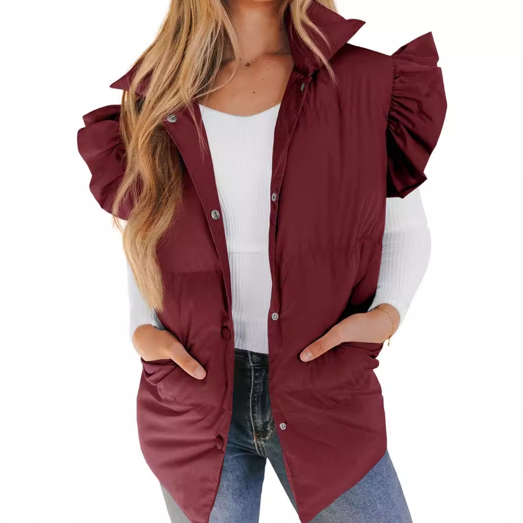 Transfronterizos de otoño e invierno de Europa y América Nueva suelta ropa acolchada de algodón de bolsillo suelto mangas de vuelo elegante Chaleco de pie collar de moda de un solo pecho