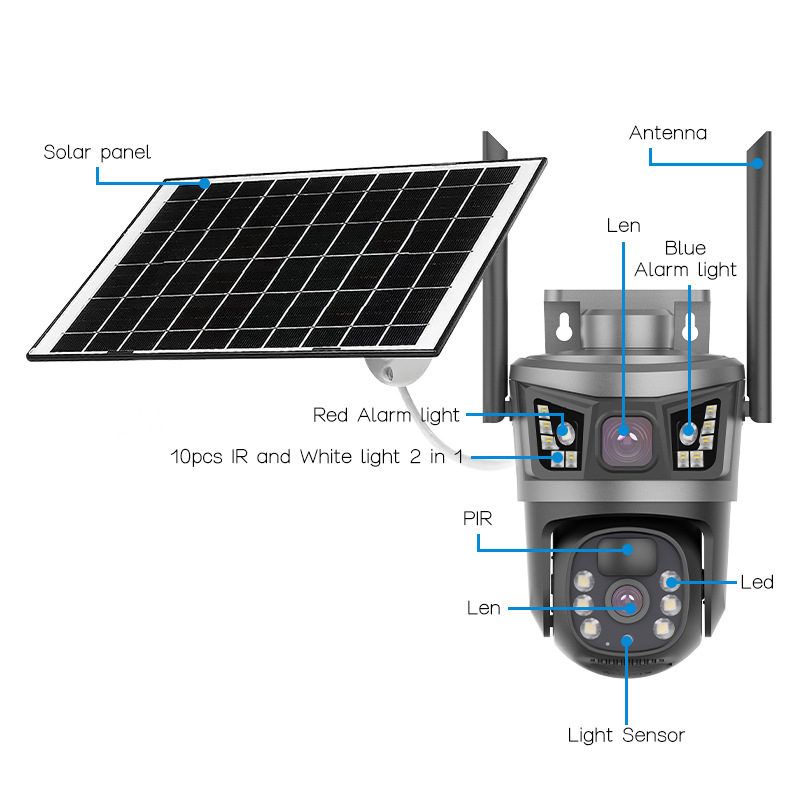 太阳能4G全景V380监控器无线手机远程室外双镜头枪球联动双