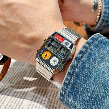 复古方块多功能中性手表户外运动钢带防水测温计时秒表闹钟电子表