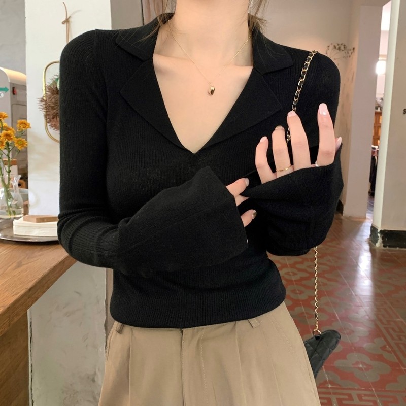 高级螺纹polo翻领针织毛衣女春季秋装V领法式内搭长袖打底衫上衣|undefined