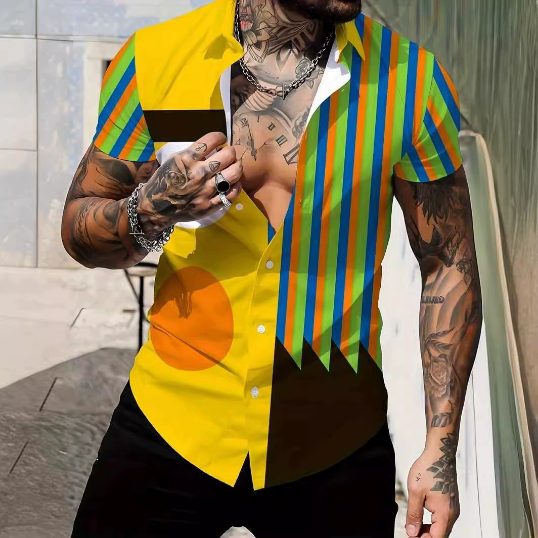 Летняя 3D цифровая рубашка с принтом для мужчин Гавайи рубашка модного цвета Блок с короткими рукавами с v-образным вырезом на пуговицах