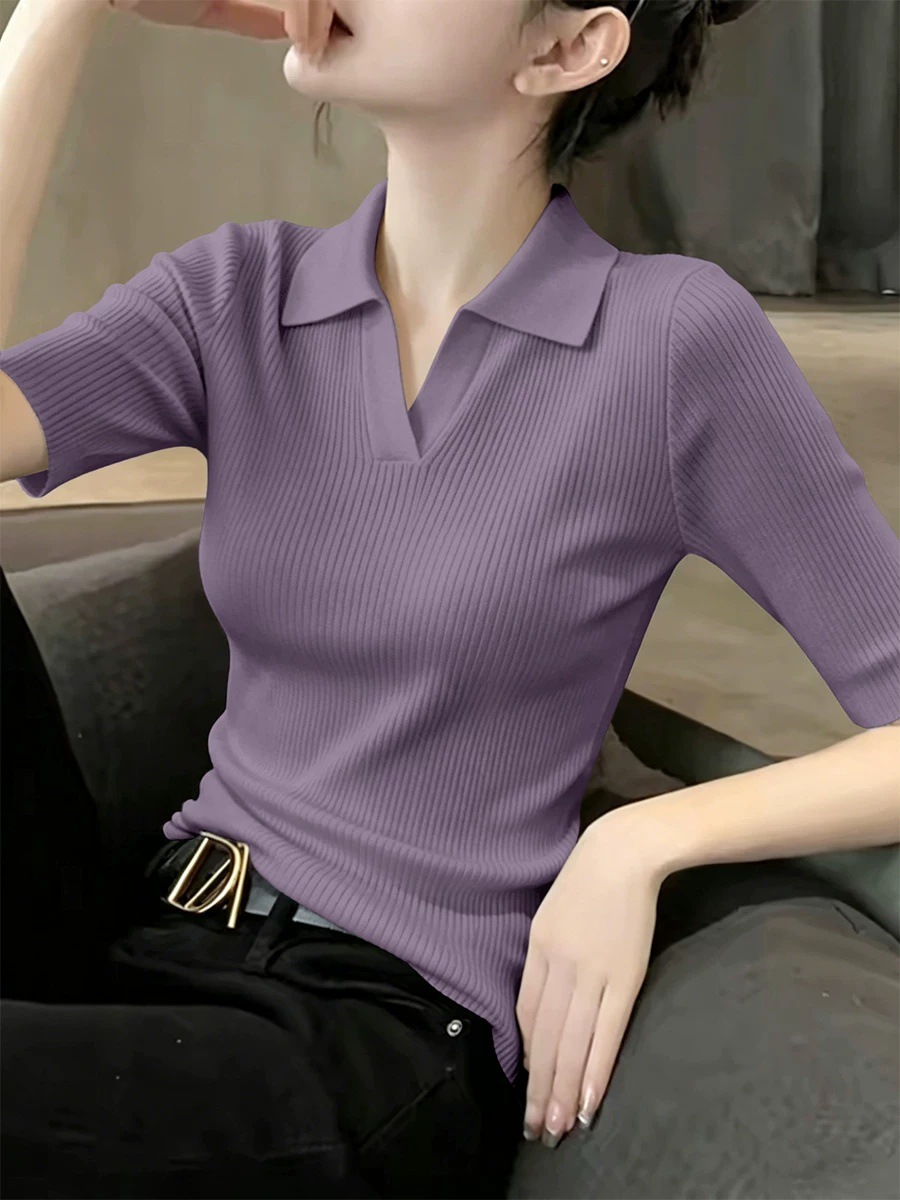 Áo thun polo cổ bẻ tay ngắn nữ dáng rộng mỏng nhẹ mùa hè — màu xanh nhạt