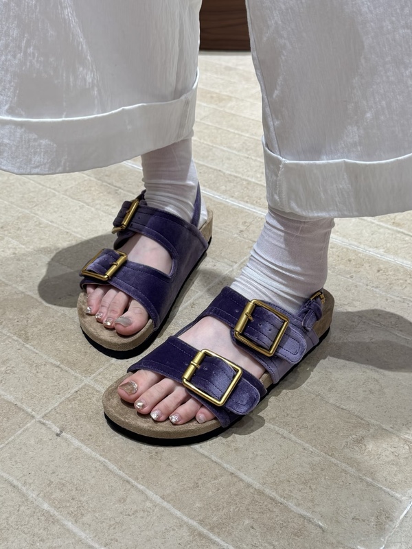 Purple velvet Birkenstock sandals for women with buckle, new summer style, thick-soled open-toe slip-on, flattering casual beach shoes