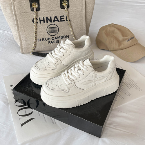 Luji genuine leather white shoes for women  spring new internet celebrity casual versatile thick-soled cross-flower breadboard shoes