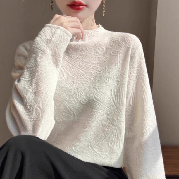 New Three-Dimensional Embossed Jacquard Half Turtleneck Sweater for Women, Loose Belly Bottoming Shirt, Lace Cover-Up Chinese Style Sweater