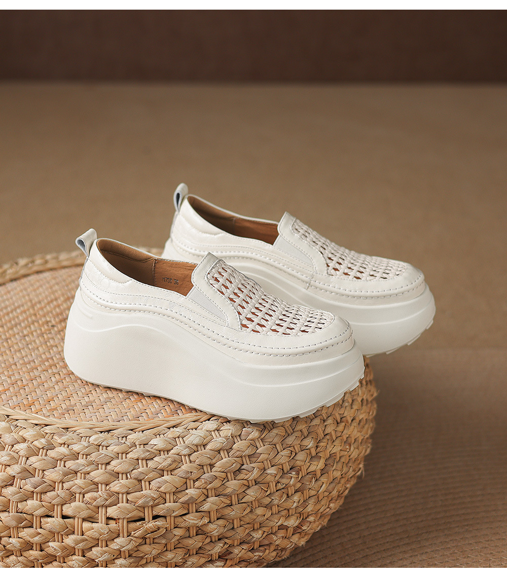 Giày sandal cao gót nữ hở mũi đế dày da thật mũi tròn phong cách lười — màu đen, màu trắng ngà chi tiết 15