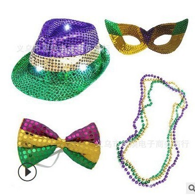 Accesorios para el Cabello de Carnaval de Mardi Gras, Máscara Tricolor, Corbata de Moño, Cadena de Cuentas Electrochapadas, Conjunto para Fiesta de Carnaval