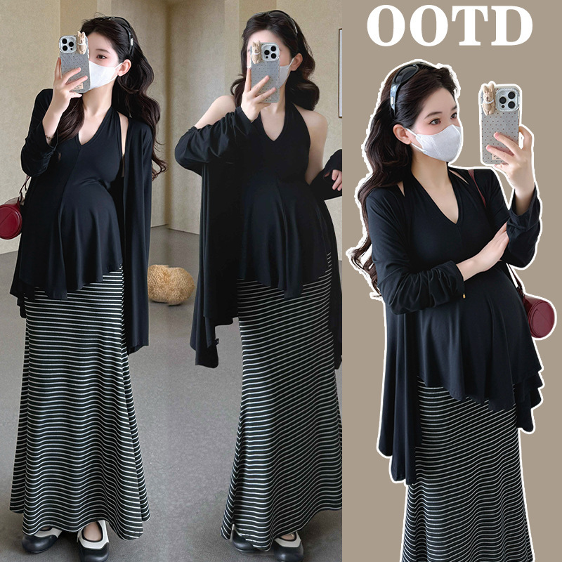 Spring and Summer Style Real Shot Maternity Cardigan + Tank Top + Black and White Striped Knitted Stretch Slimming Skirt 3-Piece Set
