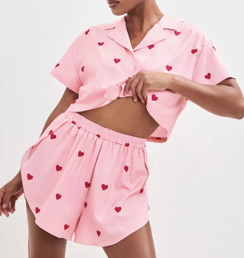 210g Weight Short Sleeve Sleeve Length Pajamas Lingerie Type Polyester, Satin Fabric Type Short Top Length Shorts Sets Sets Type 2 Pieces Set Quantity Home, Daily Occasion Turndown Neckline Breathable Function Regular Fit Fit Type Heart Shape Pattern Winter, Summer, Spring Season Women's Gender Sweet Style Home Daily Women's Sweet Heart Shape Polyester Satin Shorts Sets Pajama Sets 13