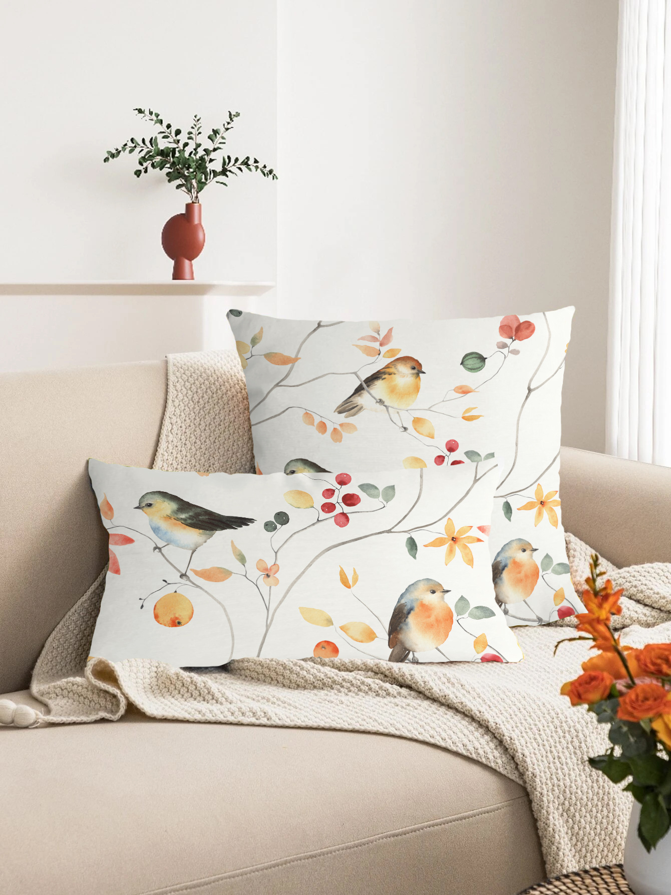 Cross-border Super Soft Short Plush Flower and Bird Printing Pillow Waist Pillow Home Decoration Sofa Cushion Cover_voghion.com