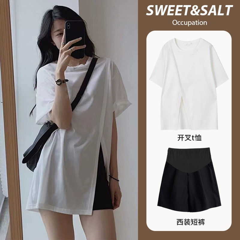 Maternity Slit Top Short-Sleeved T-Shirt Summer Two-Piece Suit Wide-Leg Shorts Suit Summer Maternity Slit Top Short-Sleeved T-Shirt Summer Two-Piece Suit Wide-Leg Shorts Suit Summer
