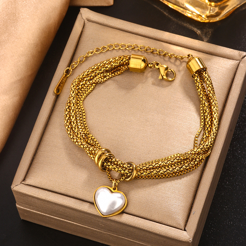 Hip-Hop Style Hip-Hop Geometric Heart Shape Titanium Steel 18K Gold Plated Pearl Zircon Paperclip Chain Twisted Rope Chain Snake Chain Bracelets In Bulk
