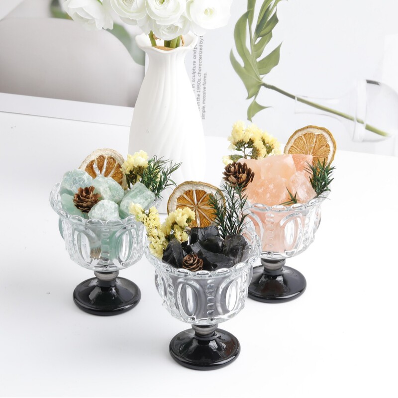 Glass Bowl Diffuser Stone Set - Natural Crystal Minerals + Essential Oils and Dried Flowers - Complete Aromatherapy Kit - Manufacturer Supply