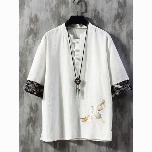 Embroidered linen short-sleeve t-shirt for men, summer thin loose fashion brand large size Tang suit Chinese style cotton linen button-down shirt