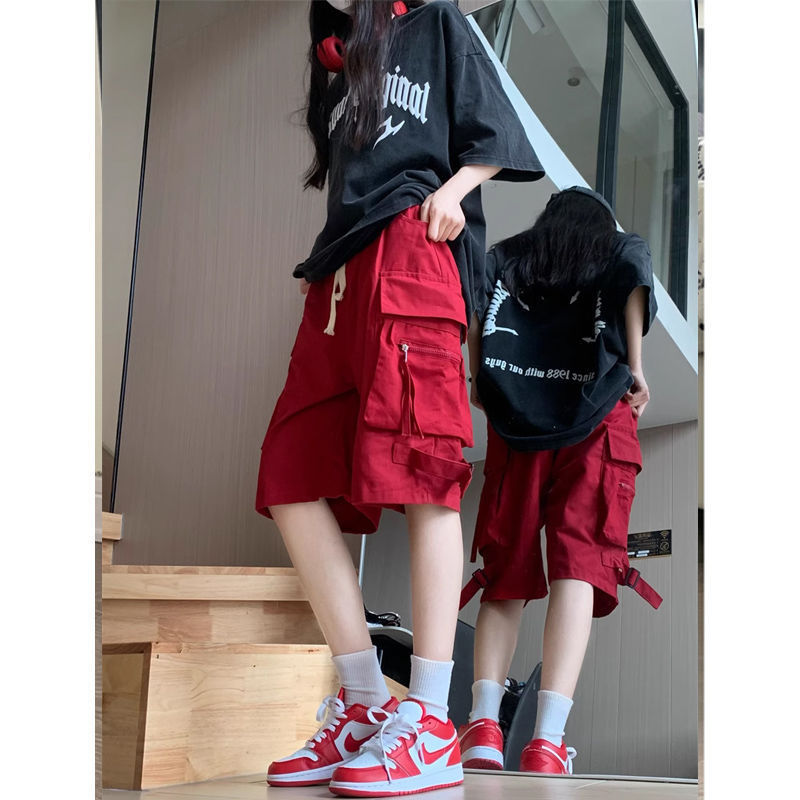 American Style Overalls Capri Pants Summer Thin Women's Big Red Shorts Casual Loose Trendy Brand Over-the-knee Capri Pants