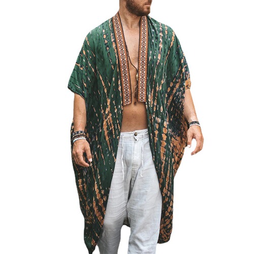 Summer 2025 European and American Men's Beach Sun Protection Shirt Casual Print Cape Coat