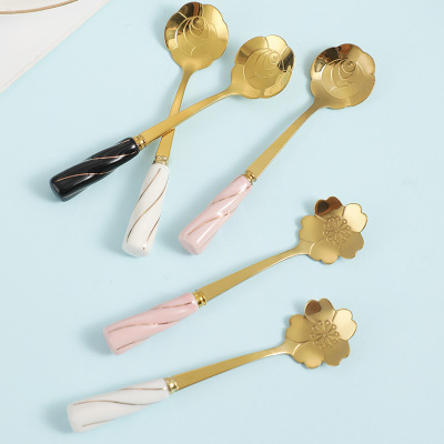 日式ins風不鏽鋼小勺子 鍍金亮光櫻花勺創意彩色陶瓷柄攪拌咖啡勺