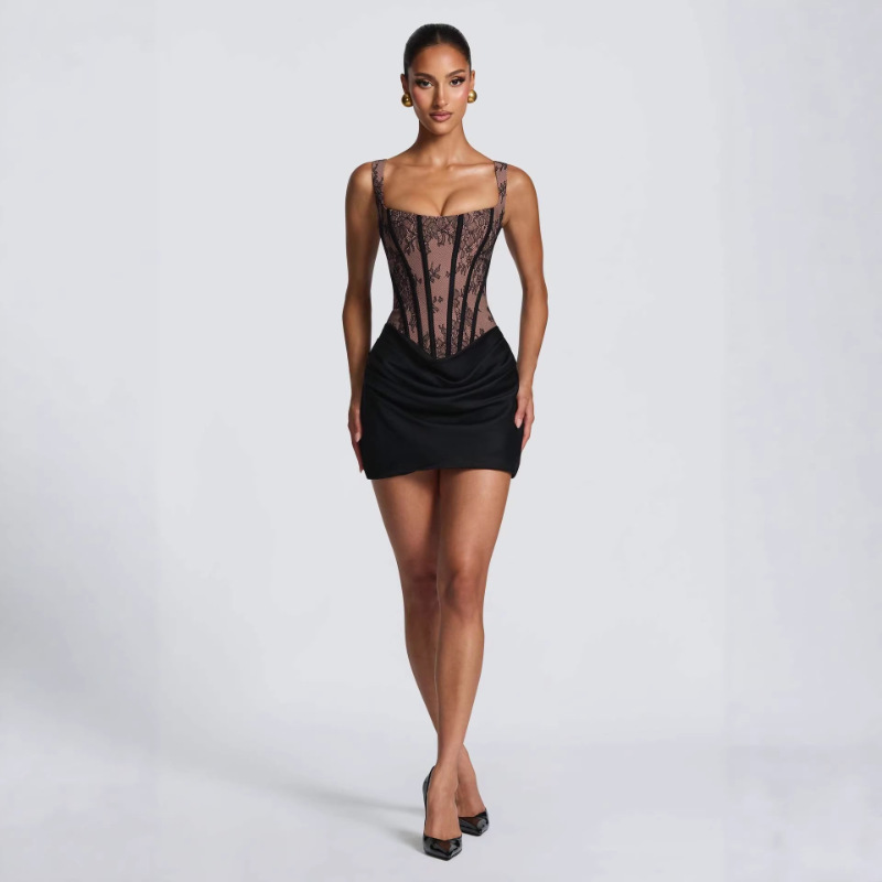 Amazon's 2026 Spring New Lace Patchwork Draped Slim-Fit Hip-Hugging Short Skirt European and American Style Waist-Cinching Dress Amazon's 2026 Spring New Lace Patchwork Draped Slim-Fit Hip-Hugging Short Skirt European and American Style Waist-Cinching Dress