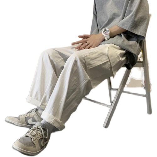 Military Green Work Pants for Men, Trendy Loose Straight Spring and Autumn Casual Pants, Versatile Korean Style Trendy Wide Leg Pants for Men