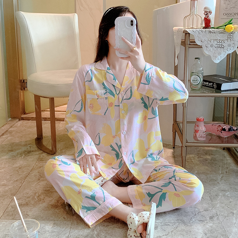 Cotton Silk Pajamas Women's Spring and Autumn New Long-sleeved Cardigan Printed suit Cyber Celebrant plus size High-grade Touching Cotton Home Clothes for Winter