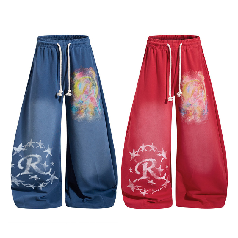 Colorful graffiti distressed silhouette scythe pants men's sports casual sweatpants hip-hop trendy loose wide-leg long pants