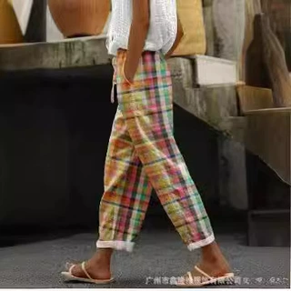 2023跨境亚马逊独立站女士棉麻印花贴袋休闲女裤