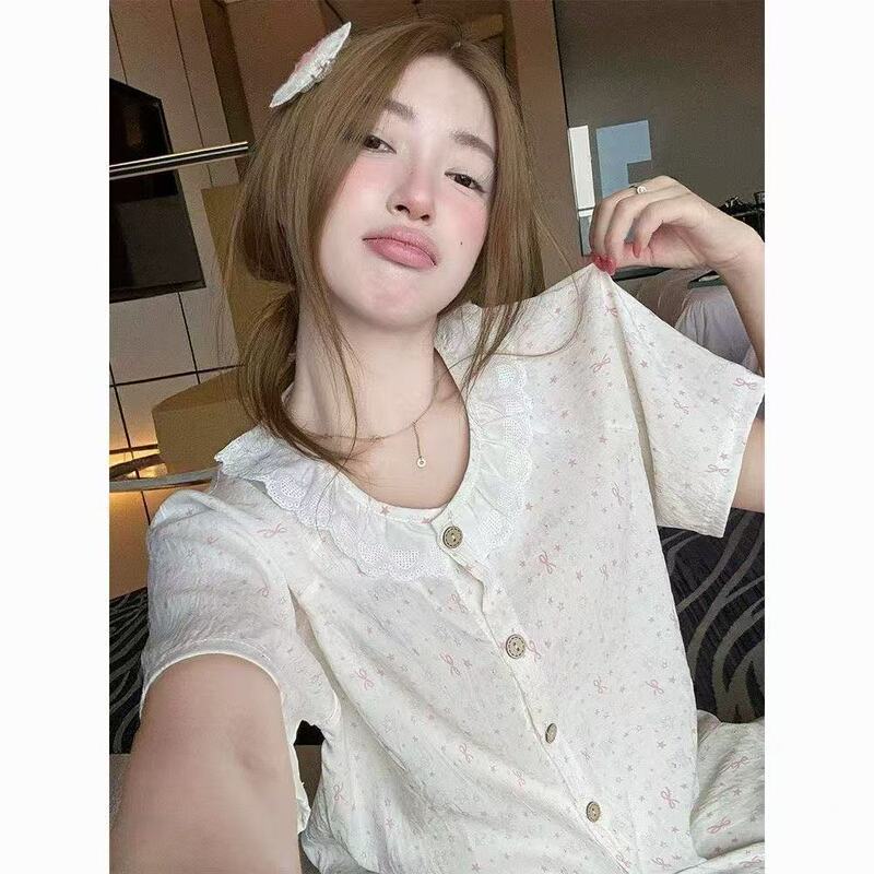 Korean-Style Sweet Round-Neck Lace Pajamas for Women, Summer Star-Printed Cardigan, Short-Sleeved, Wearable Outside, Home Wear Set