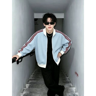 美式三条杠开衫卫衣外套男秋季潮流学院风运动上衣拉链立领夹克男