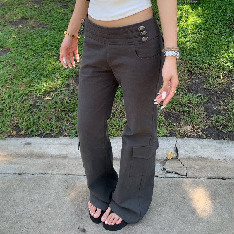 Pokiovo American Retro Metal Design Niche Low-Waist Floor-Length Flared Versatile Workwear Casual Pants Pokiovo American Retro Metal Design Niche Low-Waist Floor-Length Flared Versatile Workwear Casual Pants