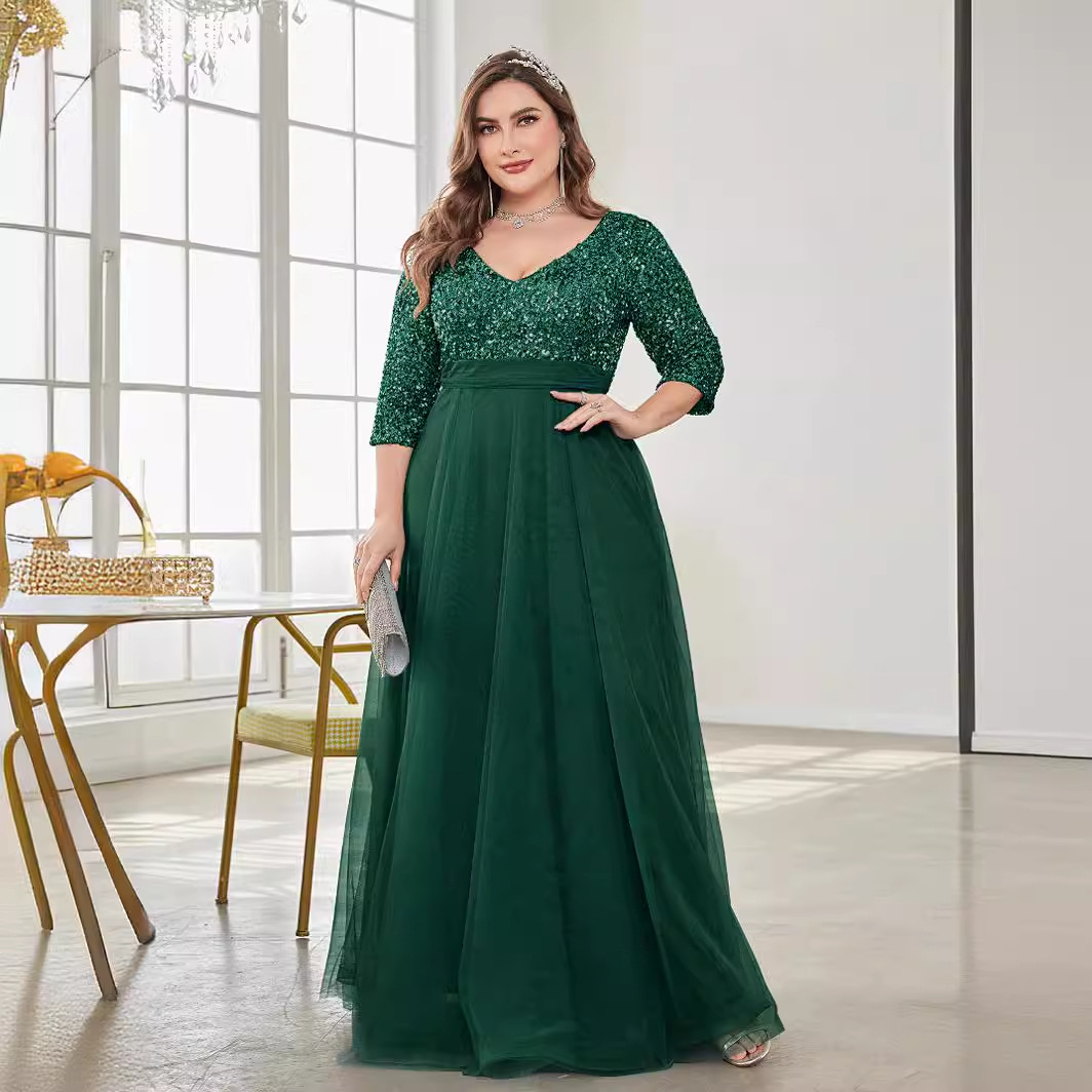 plus size New European and American V-neck Short Sleeve Sequin Tulle A- line Floor Elegant Ball Evening Dress Fashion Party Dress