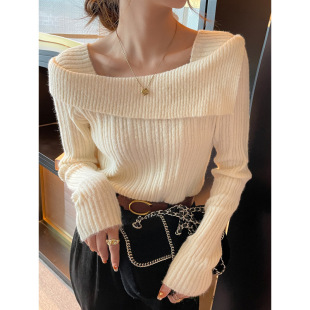 黑色纯欲一字肩毛衣Long Sleeve Off shoulder Top