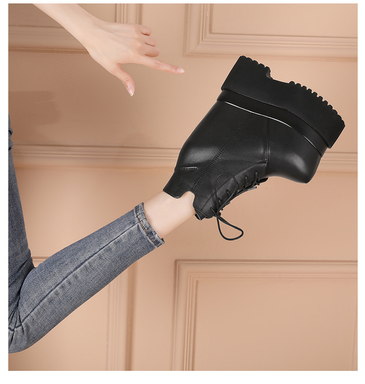 Boot nữ dây buộc đế dày chống thấm, gót trong 18 cm tăng chiều cao — Màu đen lót nhung chi tiết 7