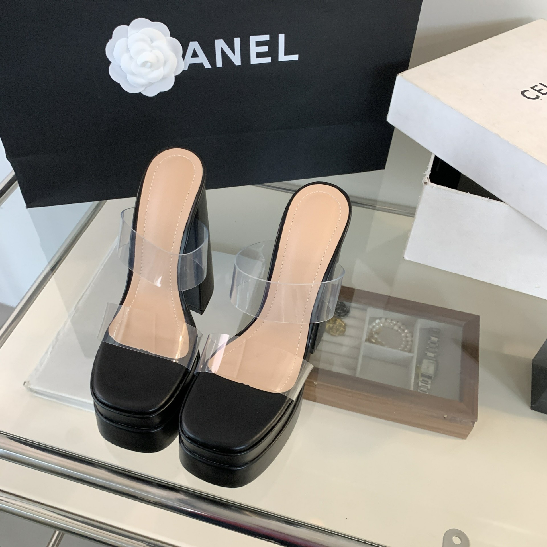Sandal cao gót nữ hở mũi đế dày trong suốt đính đá rhinestone gót 15 cm — Màu đen chi tiết 4