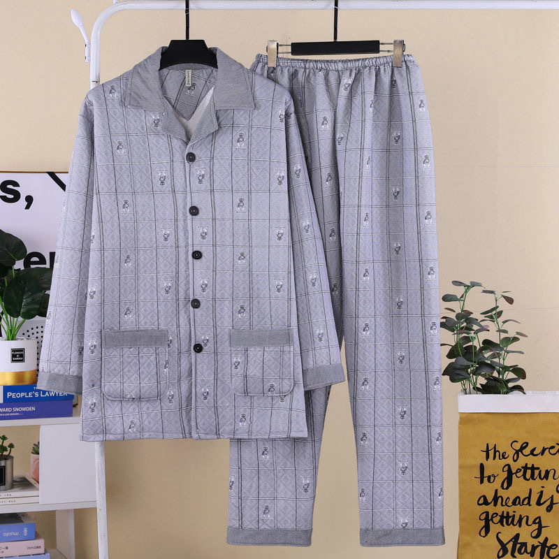 가을, 겨울 남성 샌드위치 코튼 가디건 옷깃 중년 및 노인 긴팔 두꺼운 얇은 퀼트 대형 잠옷 캐주얼 홈웨어