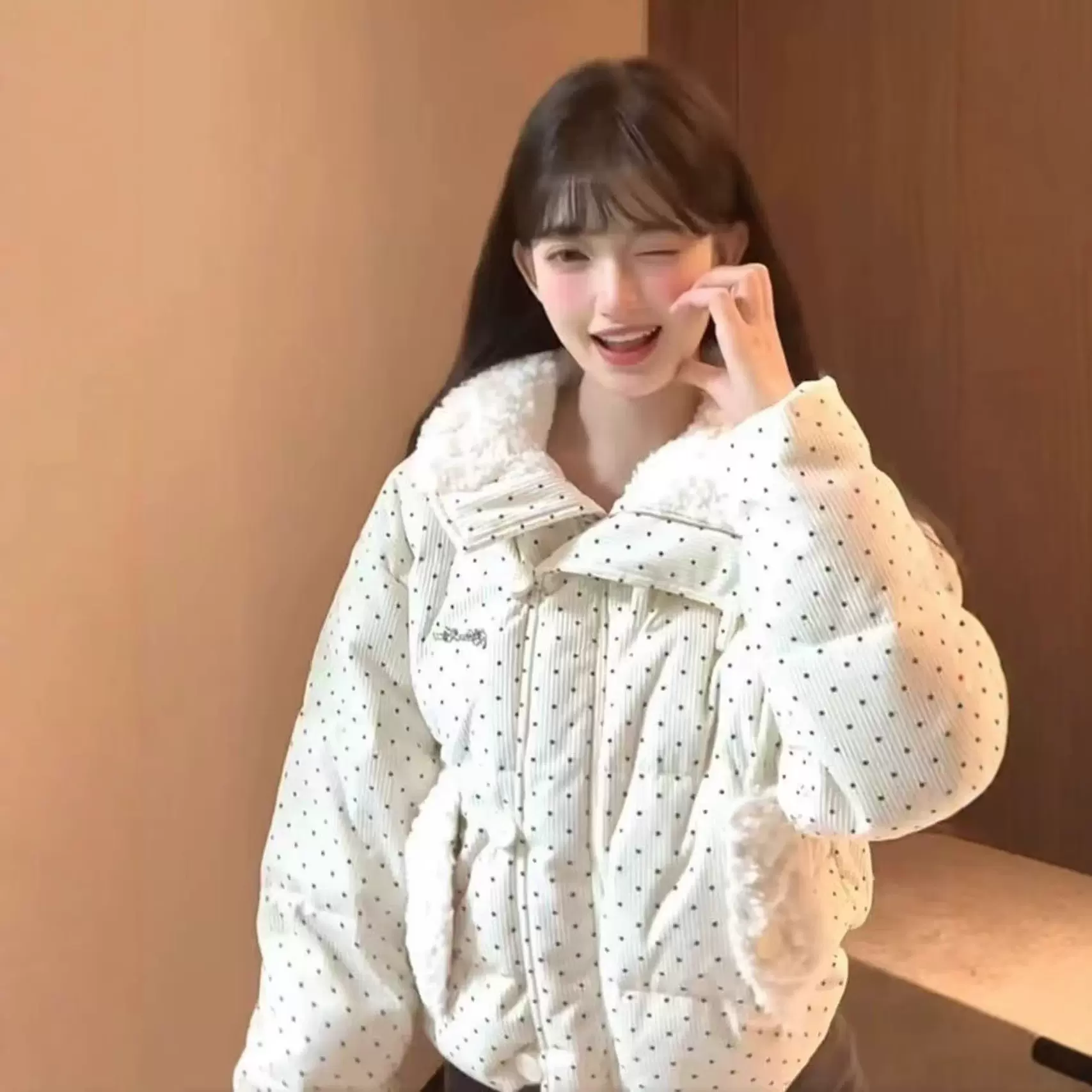 波点棉服女短款毛绒翻领拼接防寒服加厚保暖减龄清新甜美条纹棉衣