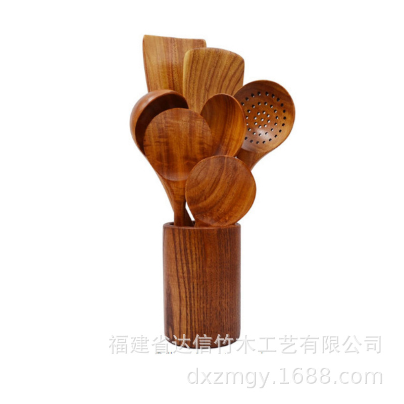 Juego de cocina transfronterizo, utensilios de cocina de madera de acacia, espátula de mango largo, espátula, pala de madera maciza, tenedor, olla antiadherente, juego de cocina de 10 piezas