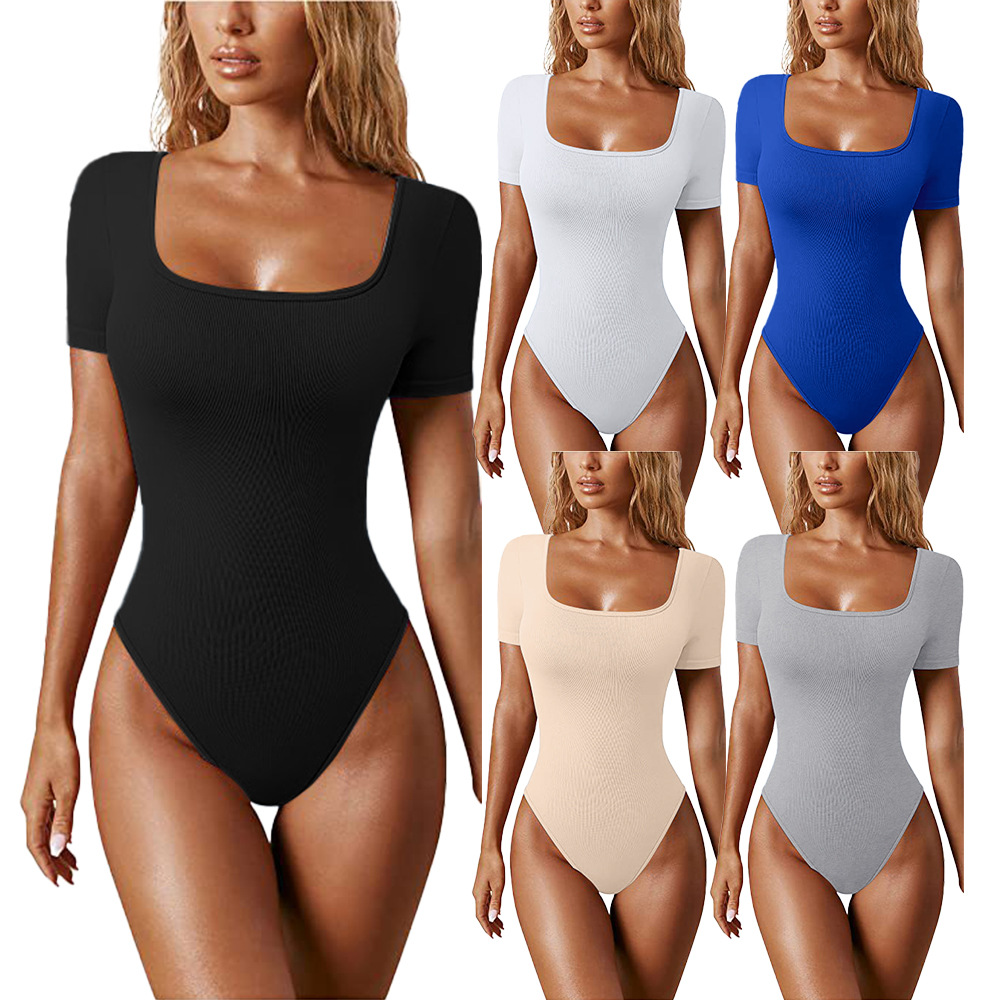 Transfronterizo europeo y americano Amazon AliExpress verano nuevo comercio exterior ropa de mujer cuello cuadrado color sólido manga corta mono apretado