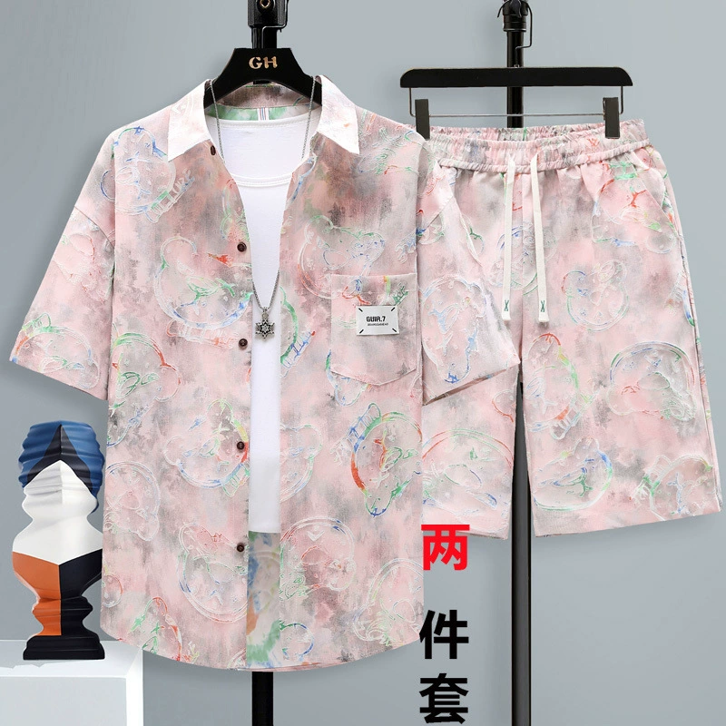 Летний костюм, повседневная мужская рубашка с короткими рукавами, модная красивая рубашка, гавайские приморские пляжные шорты, комплект из двух предметов
