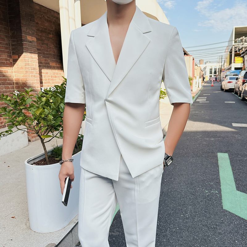 Summer Thin Side-Button Short-Sleeved Suit Tops for Men, High-End, Trendy, Slim, Business Casual, Handsome Suit Jackets