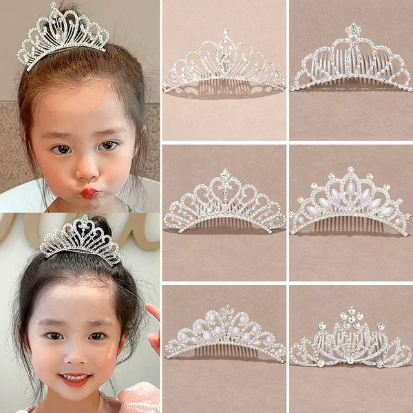 Children's Princess Crown Hair Comb Headdress Girls High-End Rhinestone Comb Hairpin Little Girl Birthday Performance Crown