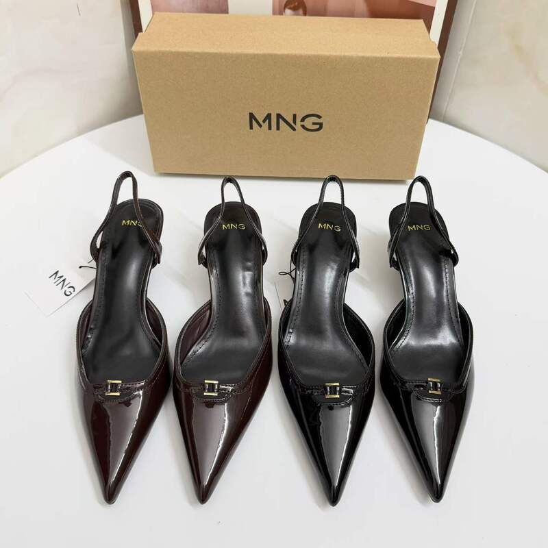 MNG2026 Spring/Summer New Women's Shoes Brown Pointed Toe Shallow High Heel Slingback Mules European and American Fashion Single Shoes MNG2026 Spring/Summer New Women's Shoes Brown Pointed Toe Shallow High Heel Slingback Mules European and American Fashion Single Shoes