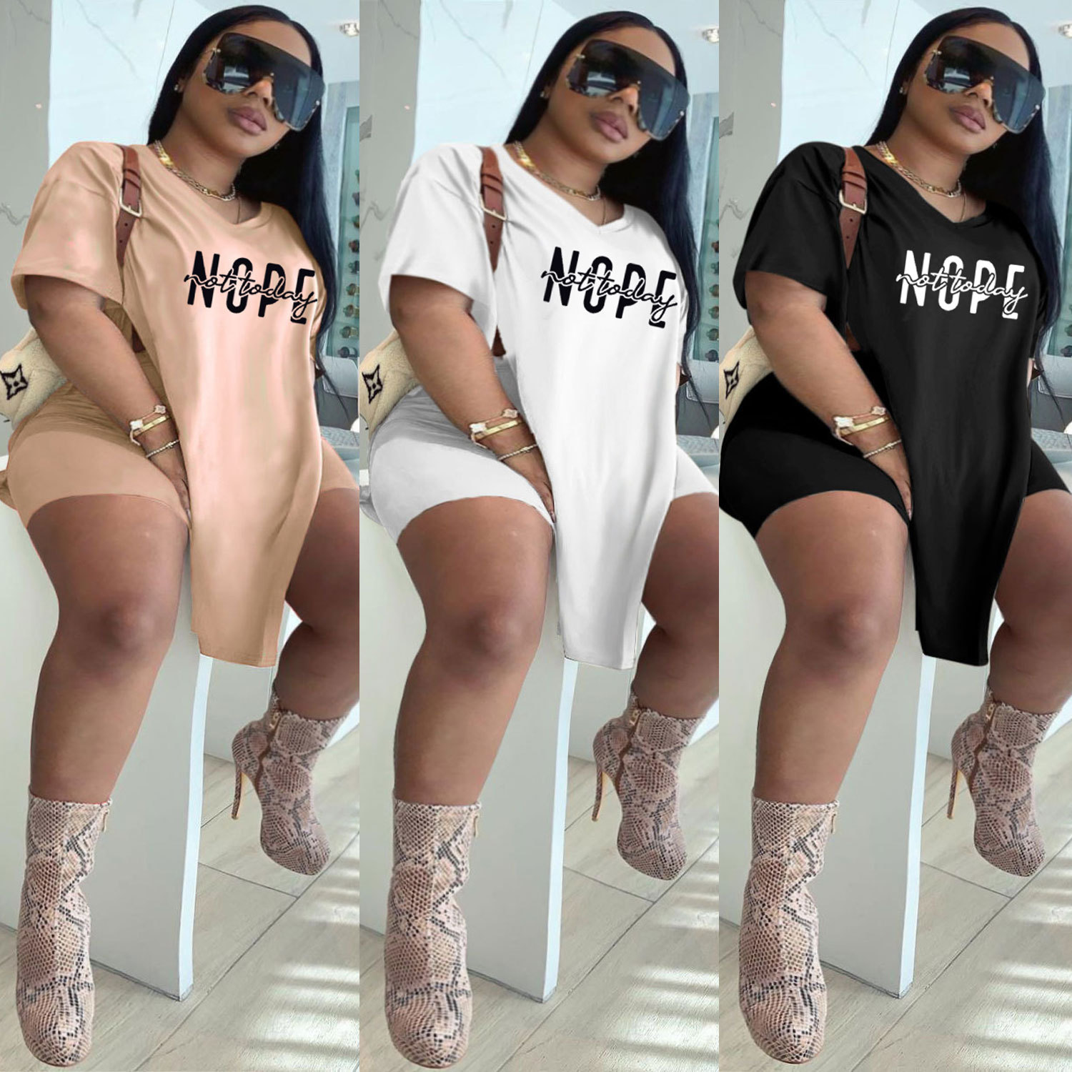 plus size letter printing irregular top and shorts two-piece set NSWNY128101