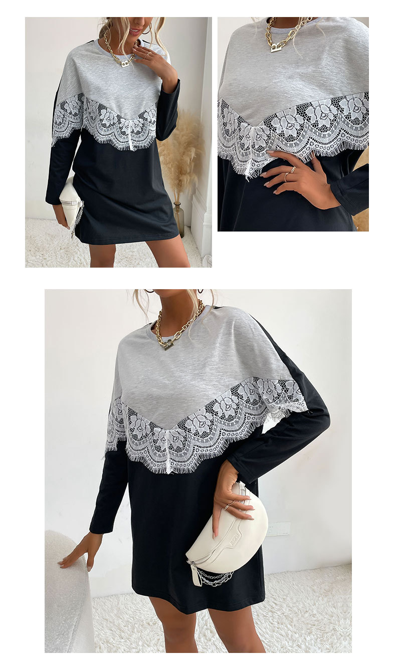 long-sleeved round neck lace stitching sweatershirt dress nihaostyles wholesale clothing NSDMB88636