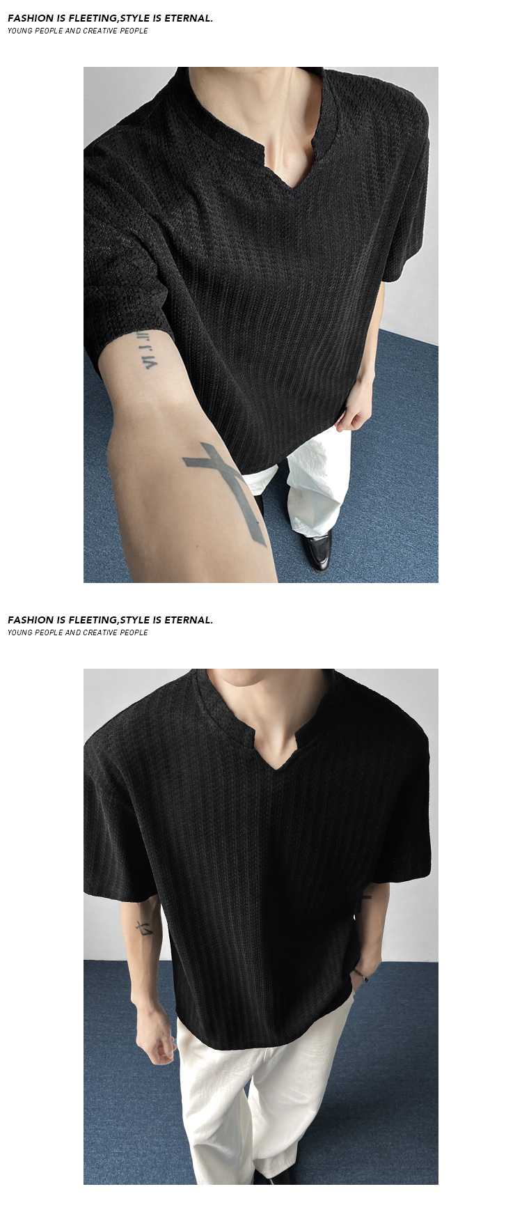 Herringbone Pattern V-neck T-shirt For Men Loose Fit Summer Style_voghion.com