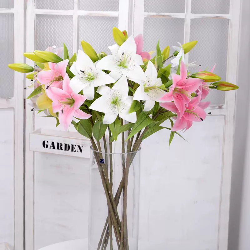长枝百合花仿真花 家居装饰客厅手感胶片假花 2花一蕾塑料花批发