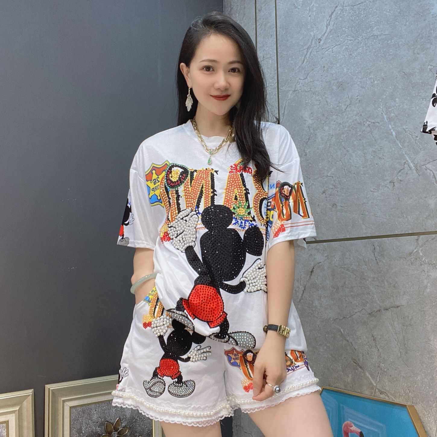 Conjunto de Camiseta y Pantalones Cortos de Talla Grande Set de 2 Piezas de Algodón con Estampado y Diamantes para Verano image 5