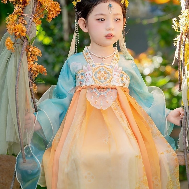 Hanfu Girl Autumn Outfit Chinese Style Jade Rabbit Robe Girl Ancient Dress Baby Girl Mid-Autumn Festival Tang Suit