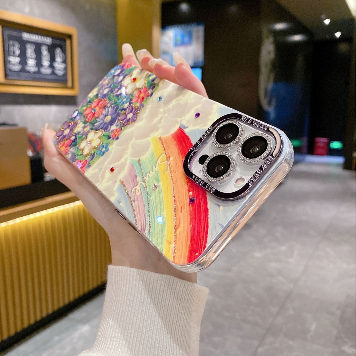 Funda de teléfono con diseño de mar de flores arcoíris y pintura al óleo, con diamantes brillantes, para iPhone 17 Pro Max, 16, Apple 15, 13, de lujo, antigolpes y protectora.